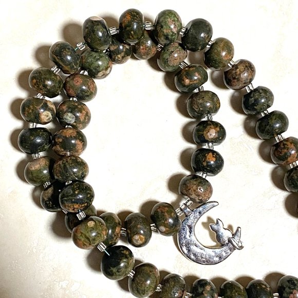Unakite Stone Silver Cat on the Moon Necklace, Genuine Gemstone Beaded Necklace - Picture 7 of 9